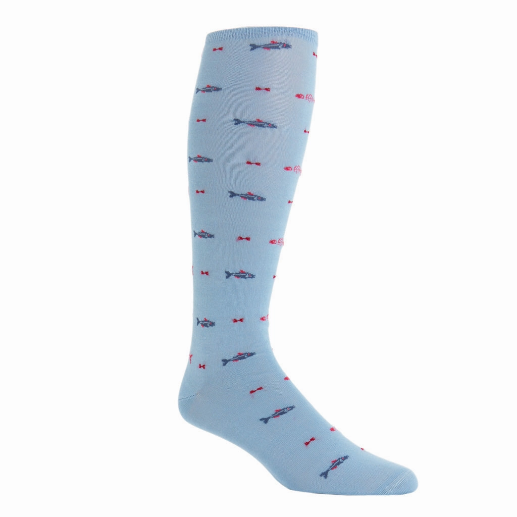 Sky Blue with Indigo Blue, Red Bone Fish and Coral Bone Cotton Sock Linked Toe OTC
