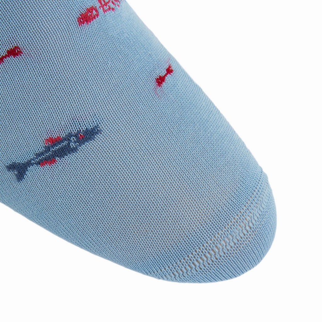 Sky Blue with Indigo Blue, Red Bone Fish and Coral Bone Cotton Sock Linked Toe OTC