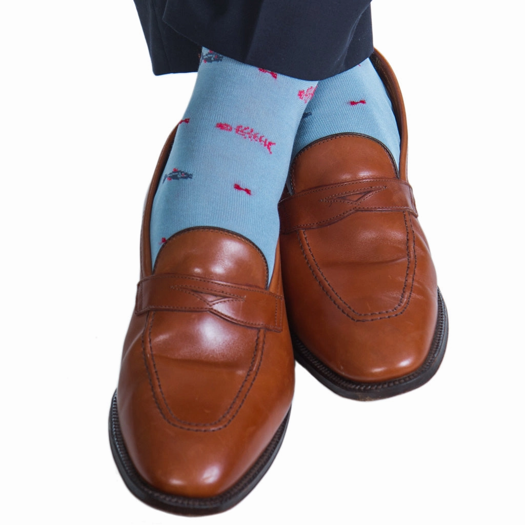 Sky Blue with Indigo Blue, Red Bone Fish and Coral Bone Cotton Sock Linked Toe OTC