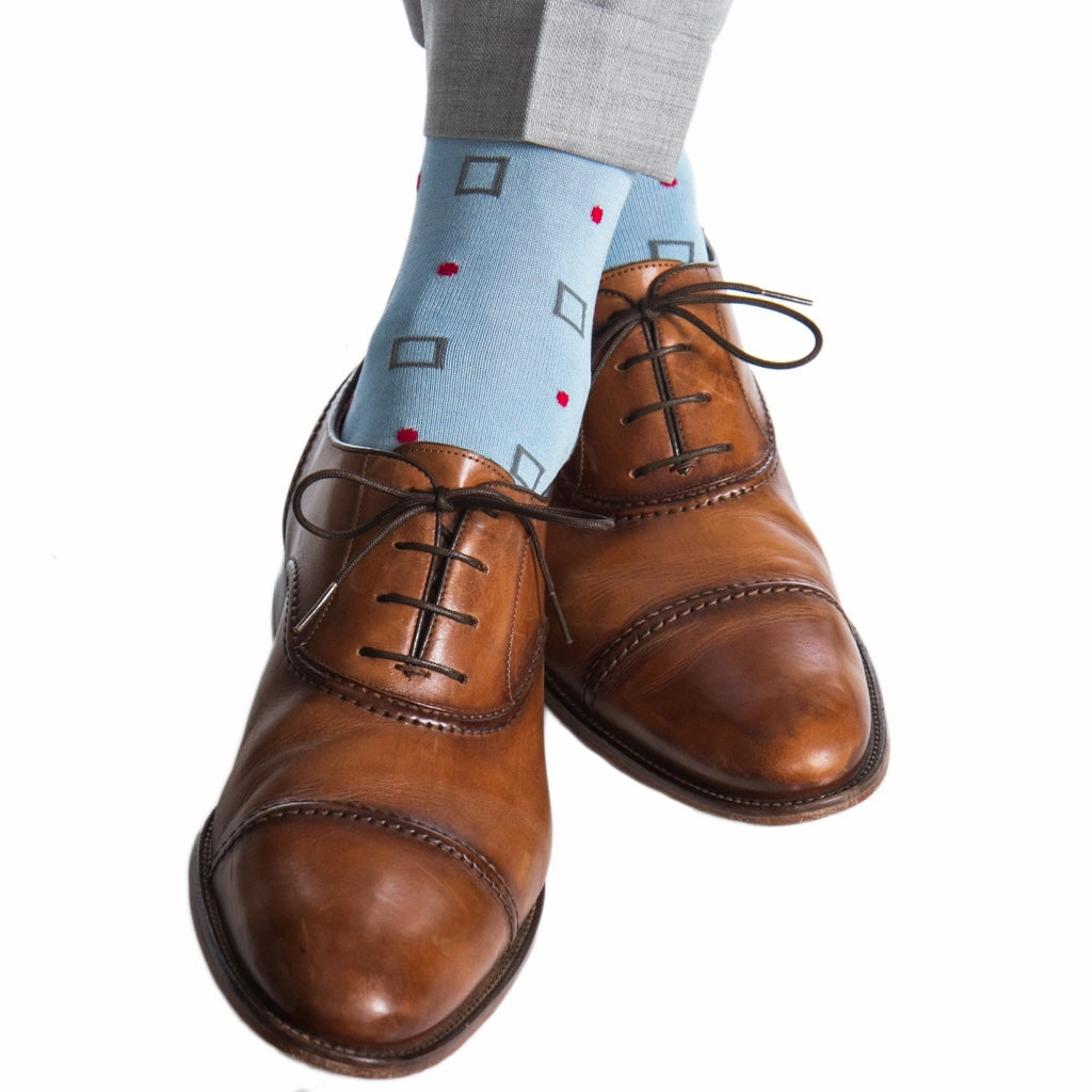Sky Blue with Indigo Blue Square and Coral Dot Cotton Sock Linked Toe OTC