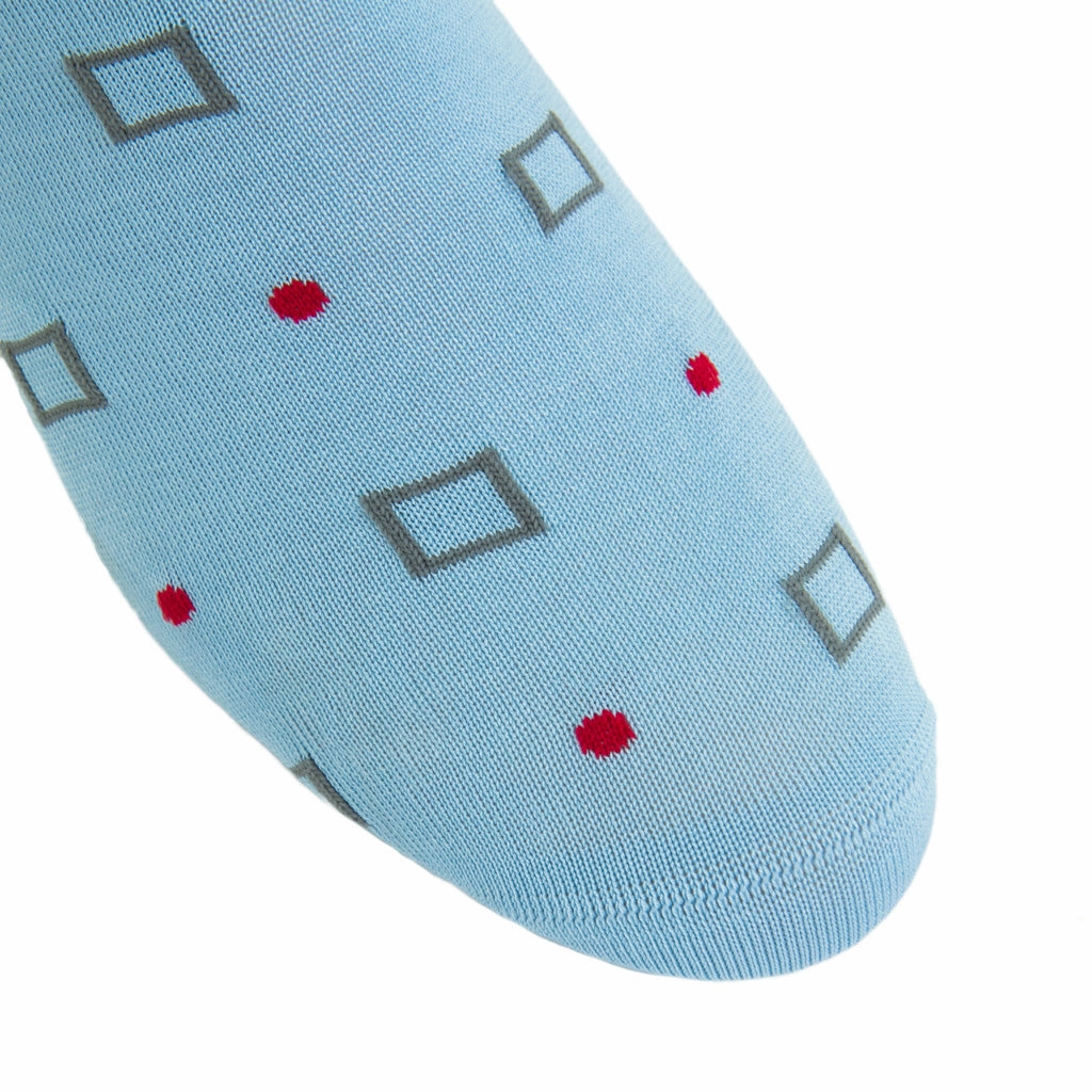 Sky Blue with Indigo Blue Square and Coral Dot Cotton Sock Linked Toe OTC