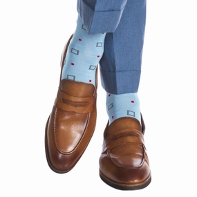 Sky Blue with Indigo Blue Square and Coral Dot Cotton Sock Linked Toe OTC