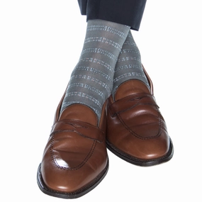 Steel Gray w/Sky Blue, Orange and Classic Navy Ticking Dash Cotton Sock Linked Toe Mid-Calf