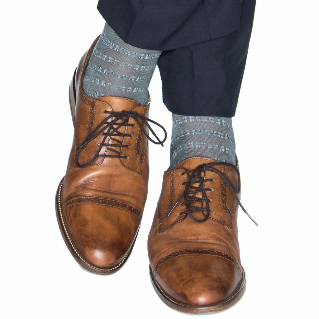 Steel Gray w/Sky Blue, Orange and Classic Navy Ticking Dash Cotton Sock Linked Toe Mid-Calf