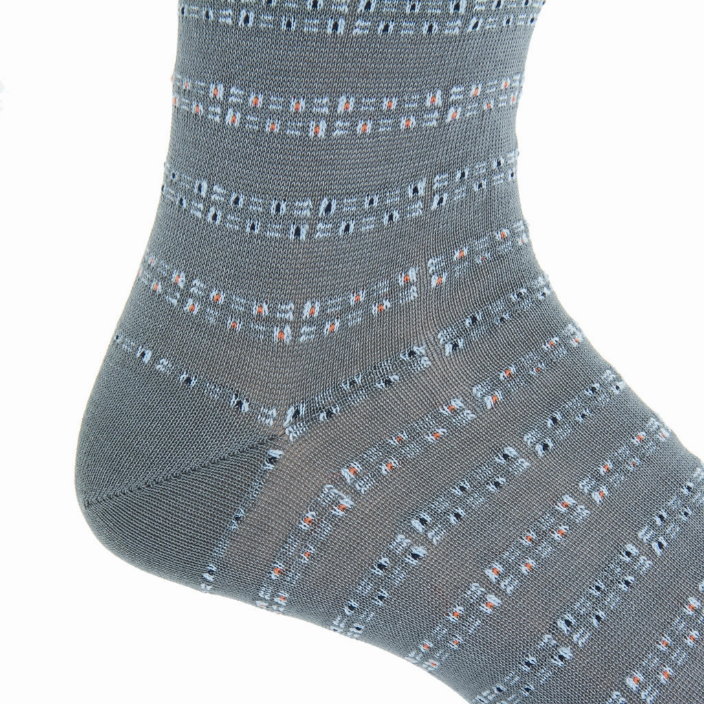 Steel Gray w/Sky Blue, Orange and Classic Navy Ticking Dash Cotton Sock Linked Toe Mid-Calf