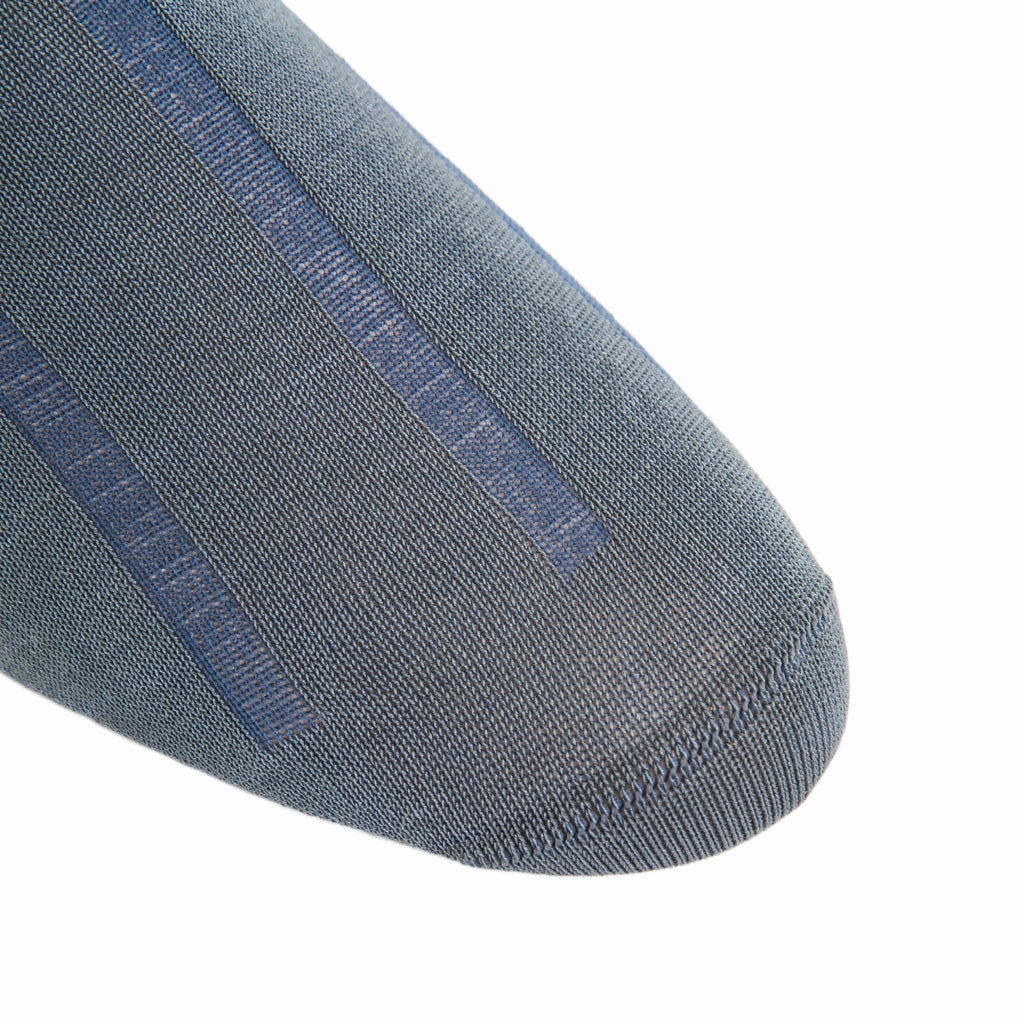 Steel Gray with Indigo Blue Vertical Stripe Cotton Sock Linked Toe Mid Calf