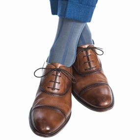 Steel Gray with Indigo Blue Vertical Stripe Cotton Sock Linked Toe Mid Calf
