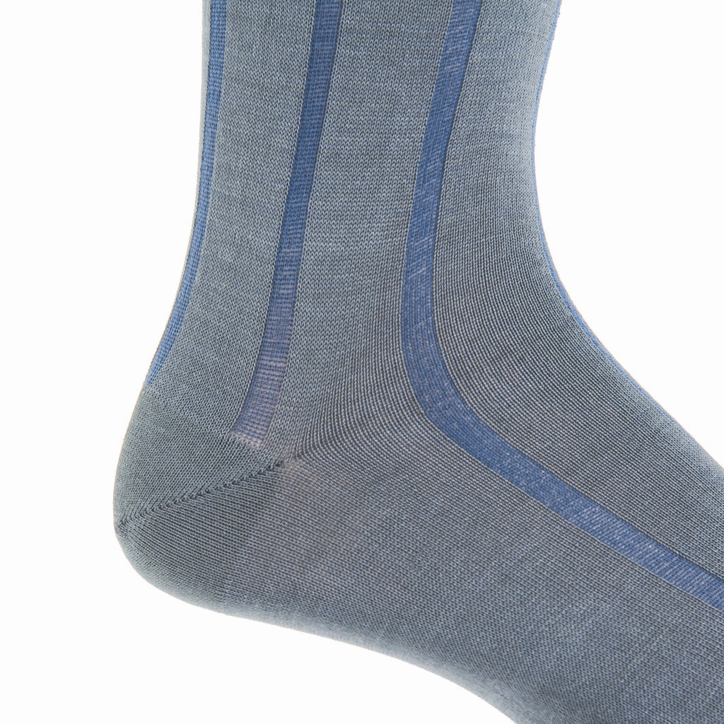Steel Gray with Indigo Blue Vertical Stripe Cotton Sock Linked Toe Mid Calf