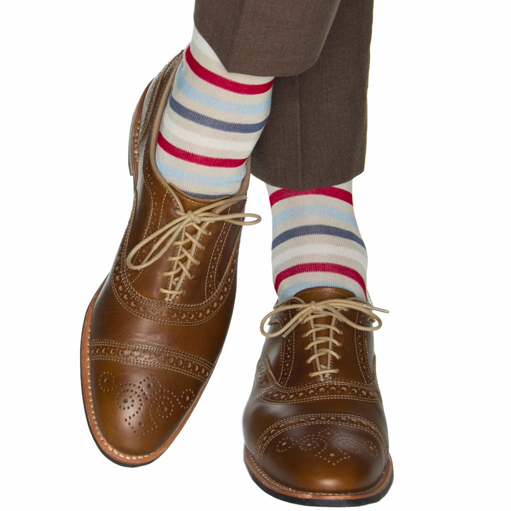 Tan, Cream, Red, Sky Blue and Indigo Blue Quad Stripe Cotton Sock Linked Toe Mid-Calf