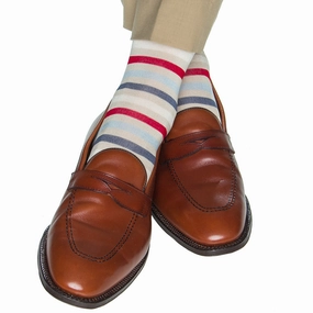 Tan, Cream, Red, Sky Blue and Indigo Blue Quad Stripe Cotton Sock Linked Toe Mid-Calf
