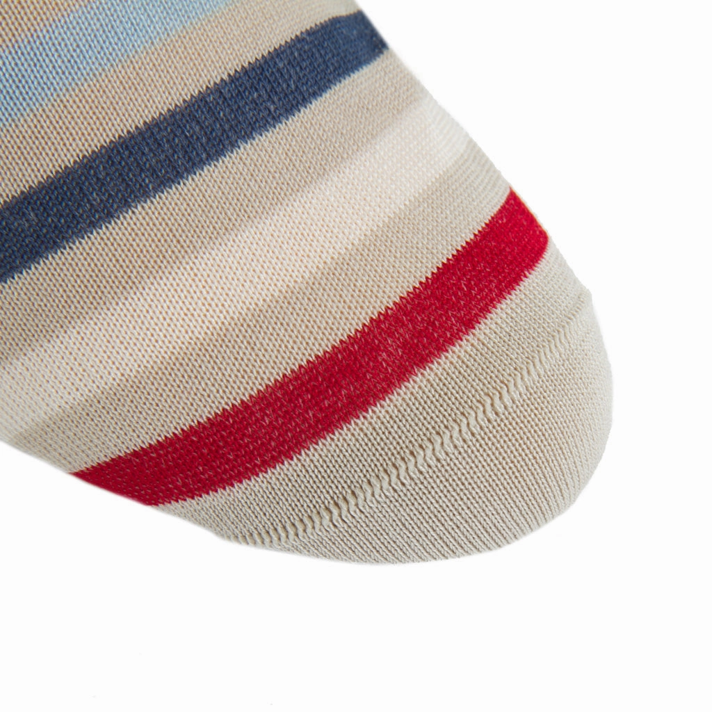 Tan, Cream, Red, Sky Blue and Indigo Blue Quad Stripe Cotton Sock Linked Toe Mid-Calf