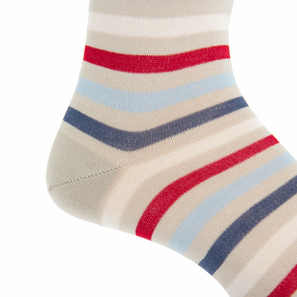 Tan, Cream, Red, Sky Blue and Indigo Blue Quad Stripe Cotton Sock Linked Toe Mid-Calf