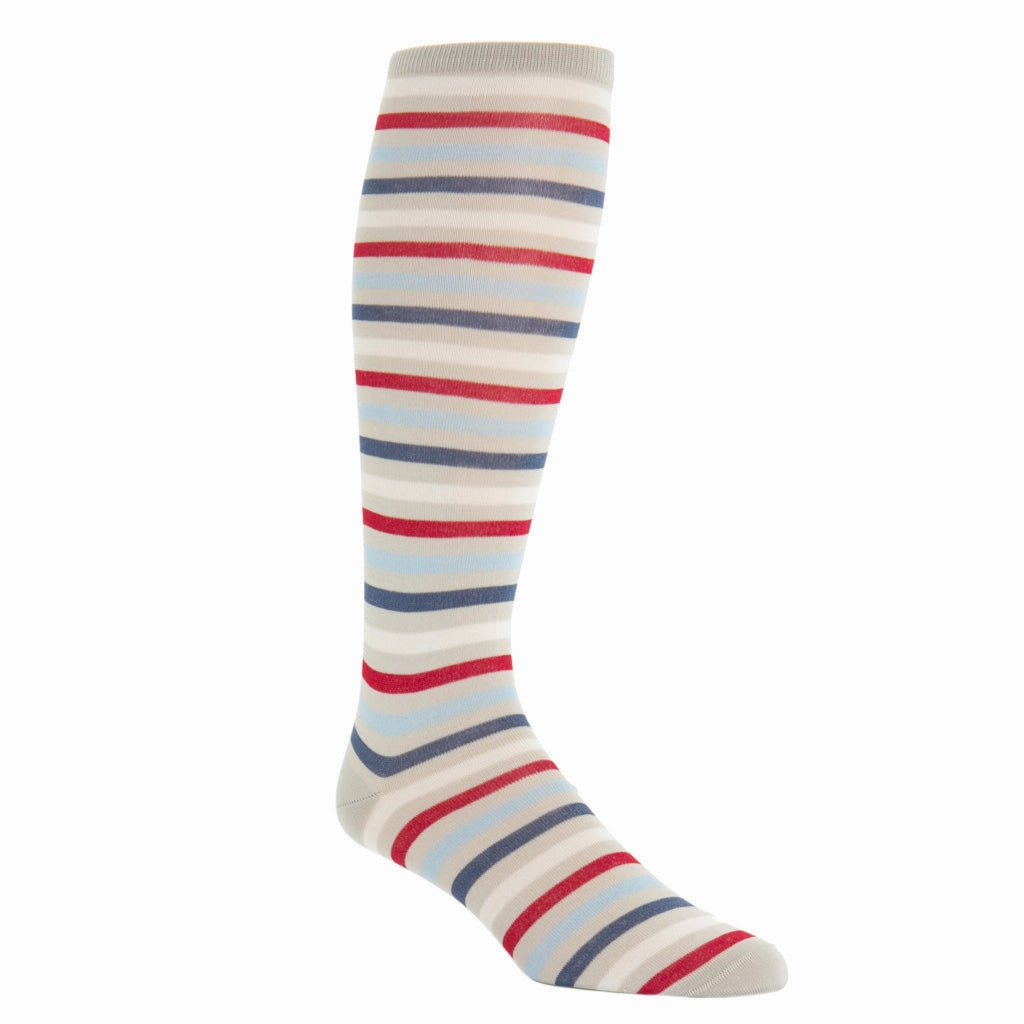 Tan, Cream, Red, Sky Blue and Indigo Blue Quad Stripe Cotton Sock Linked Toe OTC