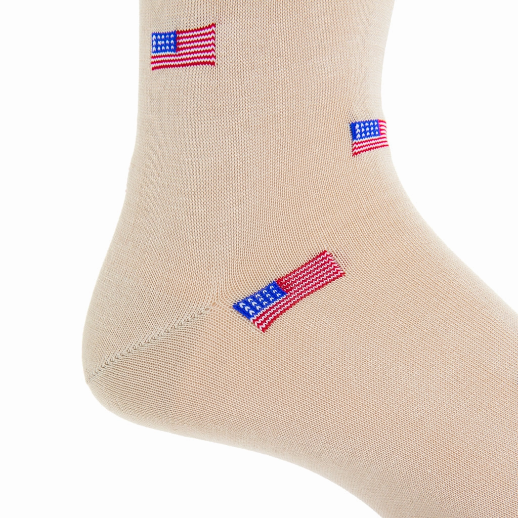 Tan with Red, White, and Clematis Blue American Flags Cotton Sock Linked Toe Mid-Calf