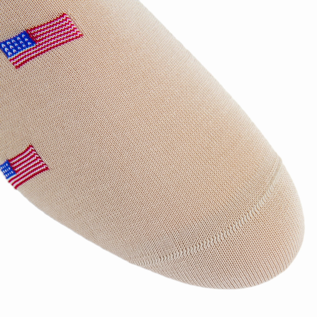 Tan with Red, White, and Clematis Blue American Flags Cotton Sock Linked Toe Mid-Calf