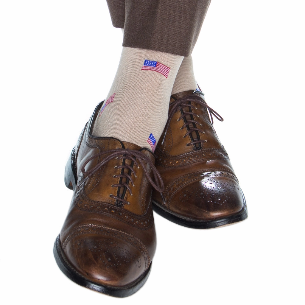Tan with Red, White, and Clematis Blue American Flags Cotton Sock Linked Toe Mid-Calf