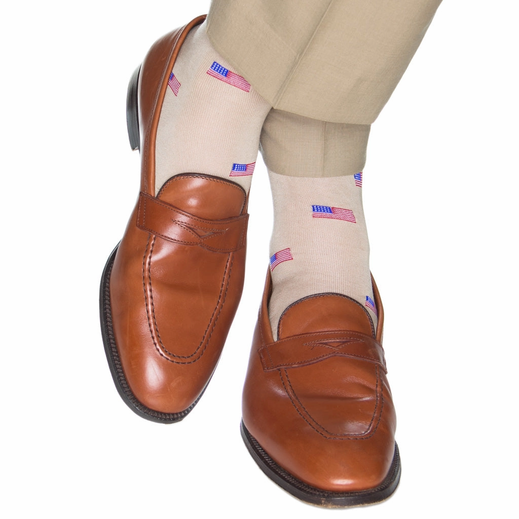 Tan with Red, White, and Clematis Blue American Flags Cotton Sock Linked Toe Mid-Calf