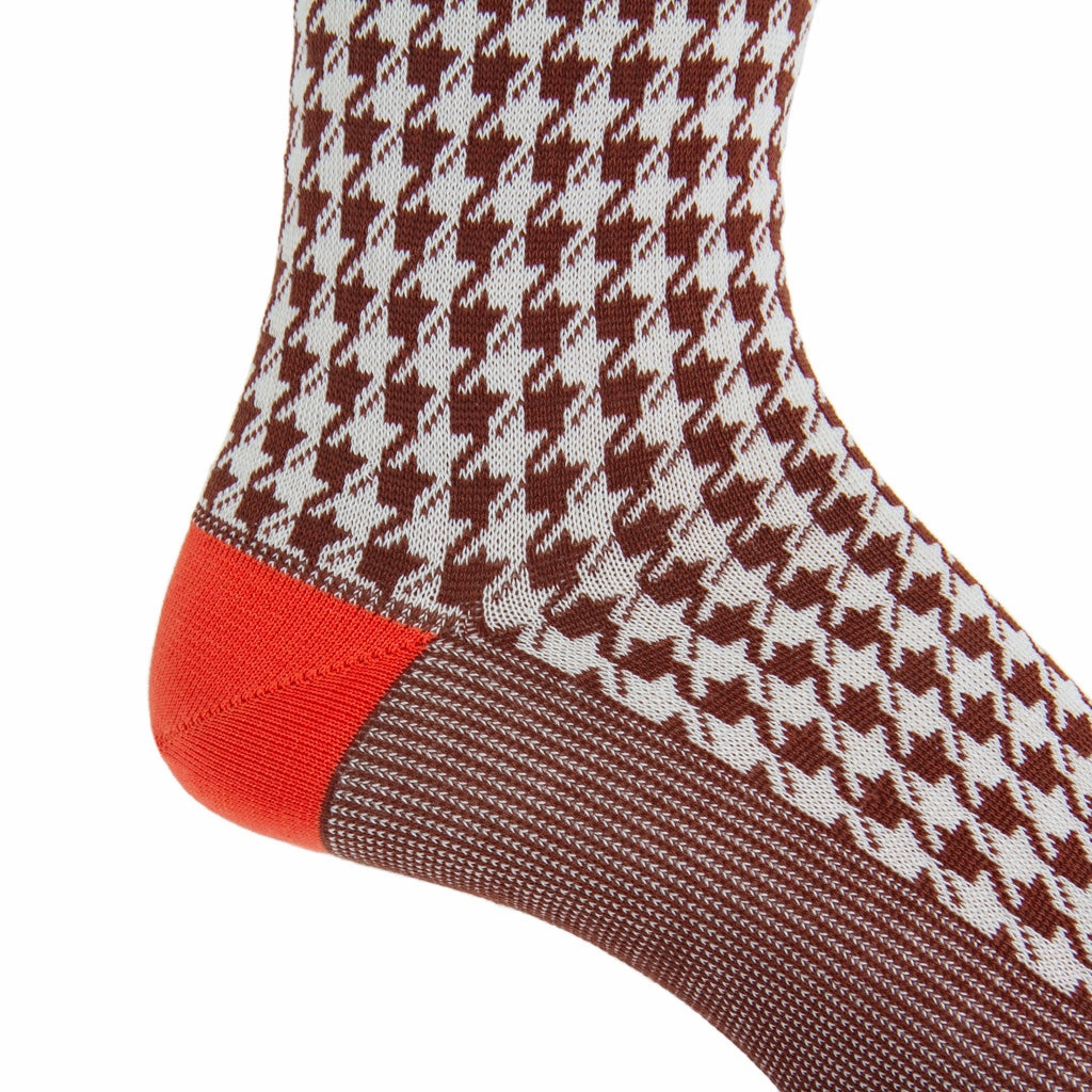 Whiskey Brown with Cream Large Houndstooth and Tigerlily Orange Tipping Cotton Sock Linked Toe Mid-Calf