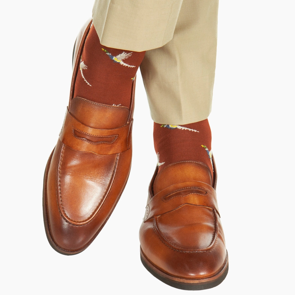 Whiskey with Indigo Blue, Tan, Saffron, Ash, Cream and Pine Green Pheasant Cotton Sock Linked Toe Mid-Calf