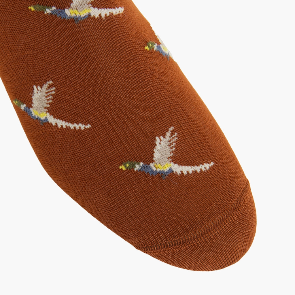 Whiskey with Indigo Blue, Tan, Saffron, Ash, Cream and Pine Green Pheasant Cotton Sock Linked Toe Mid-Calf