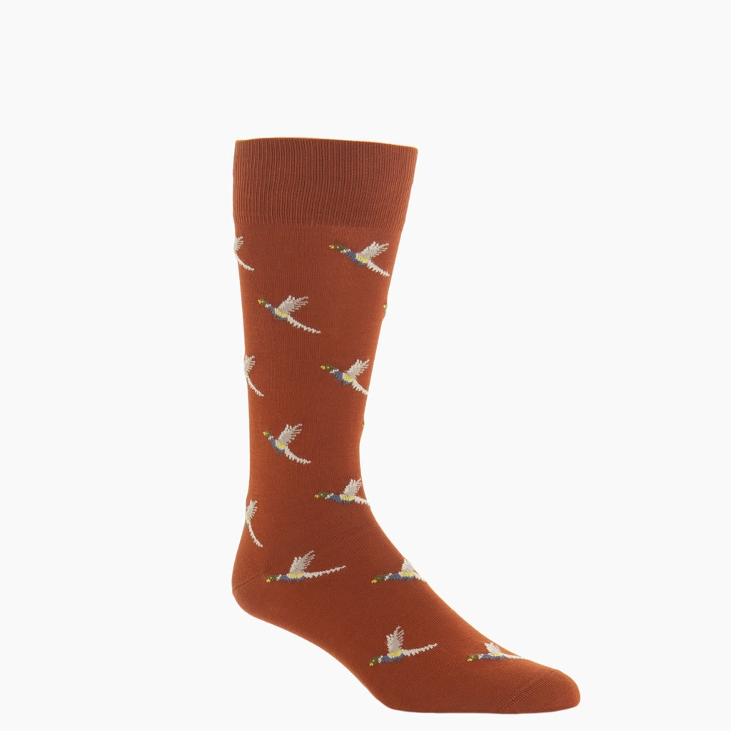 Whiskey with Indigo Blue, Tan, Saffron, Ash, Cream and Pine Green Pheasant Cotton Sock Linked Toe Mid-Calf