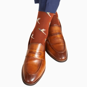 Whiskey with Indigo Blue, Tan, Saffron, Ash, Cream and Pine Green Pheasant Cotton Sock Linked Toe Mid-Calf